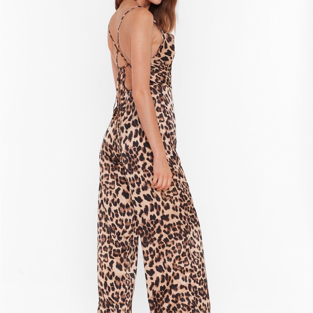 Nasty Gal Leopard Print Cowl Neck Jumpsuit in Tan and Brown - Picture 2 of 7